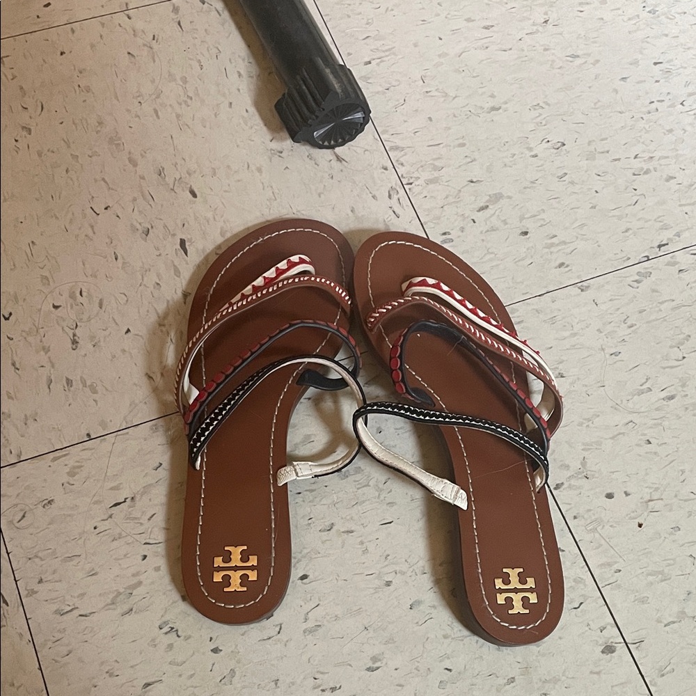 Tory Burch Brown Leather Strappy Flat Sandals with Black, White & Red Accents